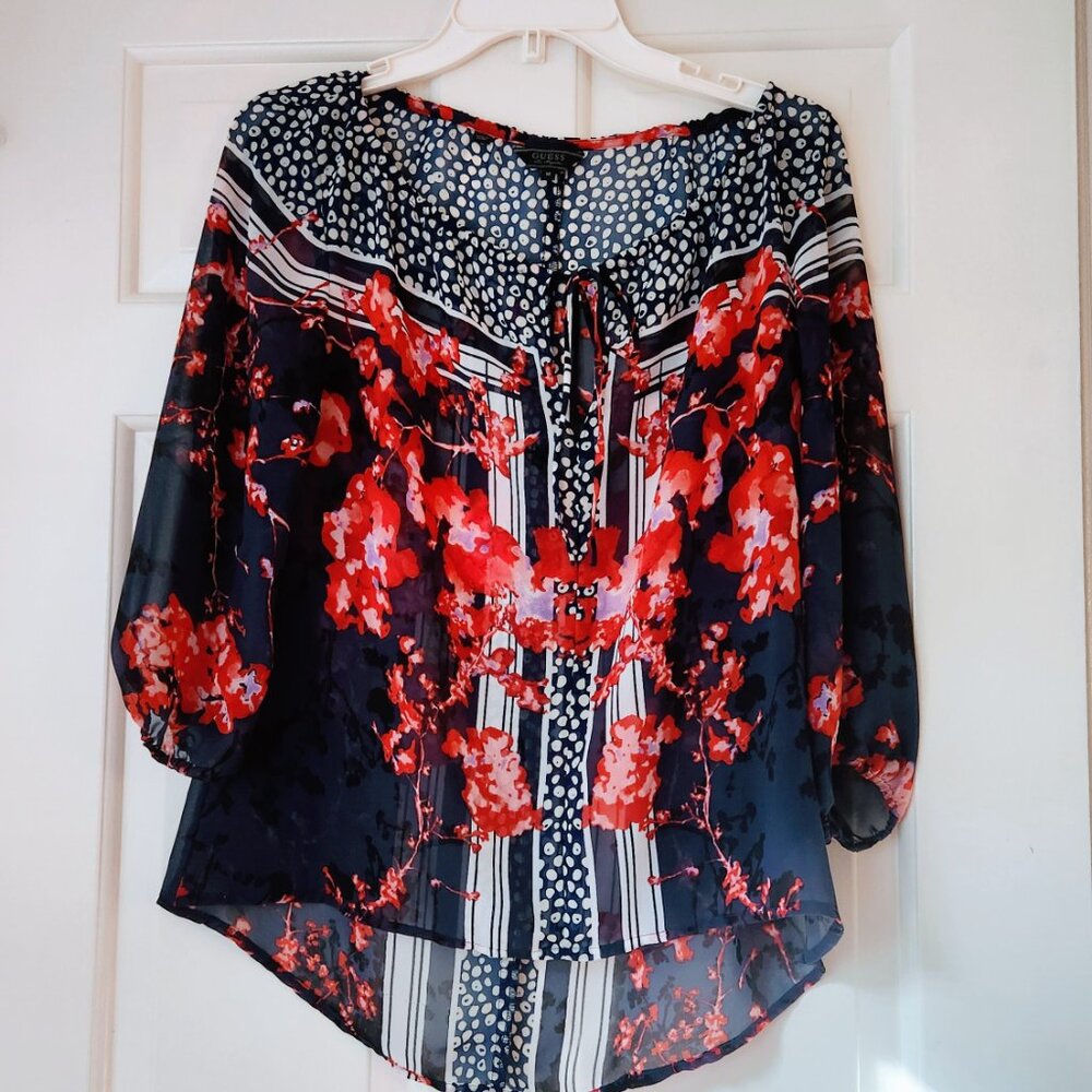 🪷 GUESS Los Angeles sz L Floral Semi-Sheer Blouse Top Long Sleeve Navy Blue Red